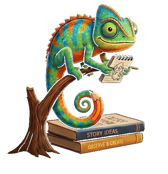 Pascal the chameleon sketching on a branch